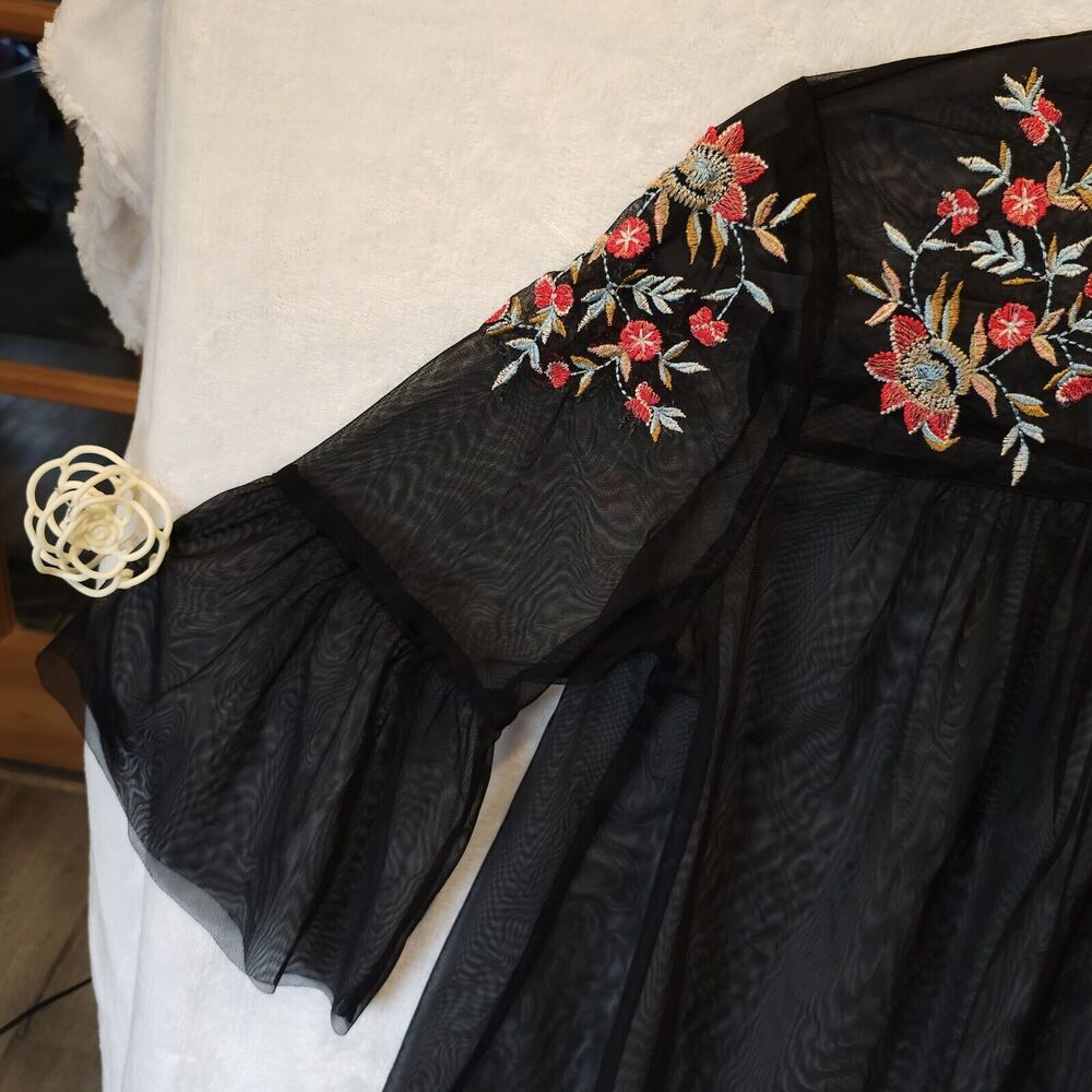 Whimsygoth Fairy Top Blouse Sz L Bell Sleeve Embroidered Floral Flowy Sheer Mesh - Picture 3 of 7